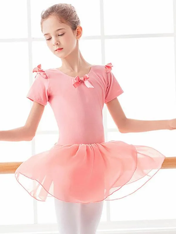 Ballet Dress Pink Women's Kid's Ballerina Bows Pleated Artwork Backless Lycra Spandex Dress Tunic dancing wear